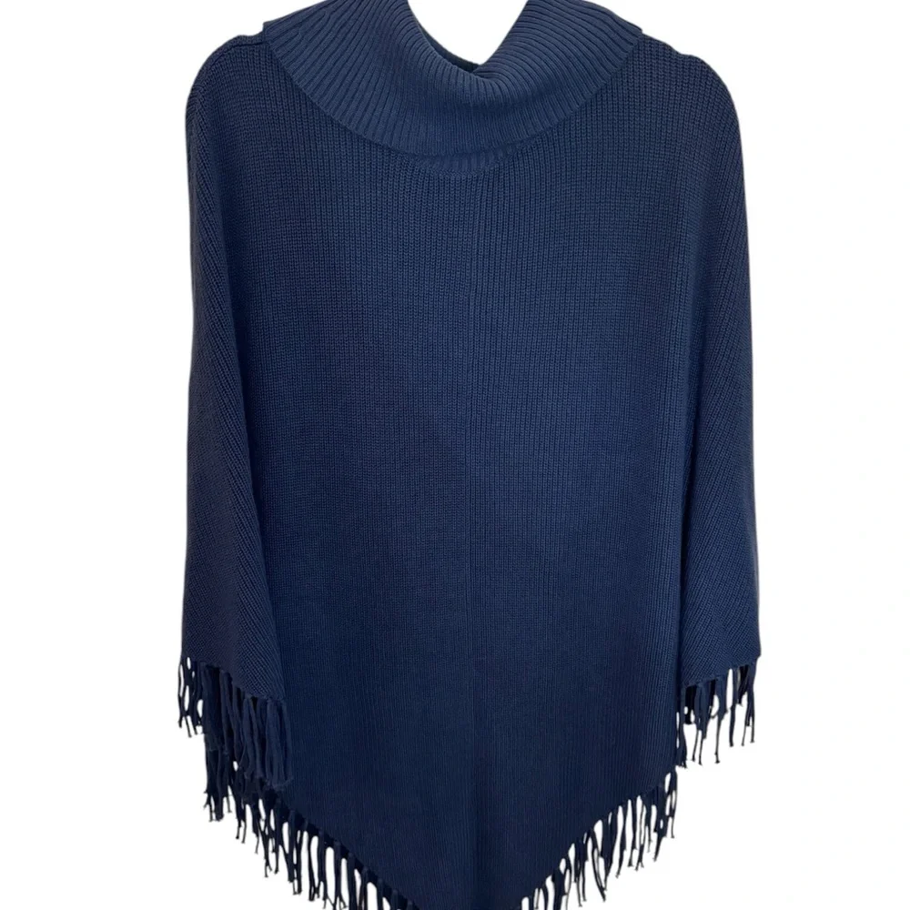Soft Blue Poncho Sweater with Cowl Neck and Fringe - Picture 1 of 8